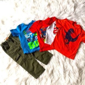 A bundle of assorted cargo pants and 4 T-shirts for boys.